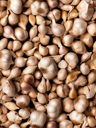 Garlic background. Garlic texture. Top view. Flat lay.の素材
