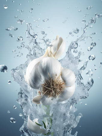 Garlic in water splash on a blue background. 3d renderingの素材