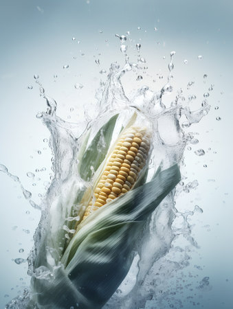 Fresh corn with water splash isolated on white background. 3d illustrationの素材