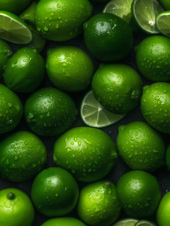 Fresh limes with water drops on dark background. Top view.の素材