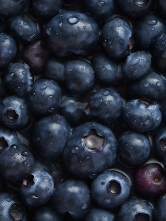 Blueberry background with water drops. Top view. Flat lay.の素材