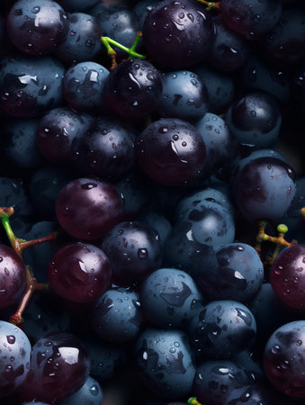 Bunch of black grapes with water drops. Close-up.の素材