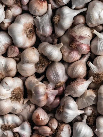 Garlic background. Top view. Flat lay. Close up.の素材
