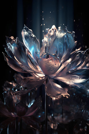 Beautiful lotus flower with water drops on black background. 3d renderingの素材