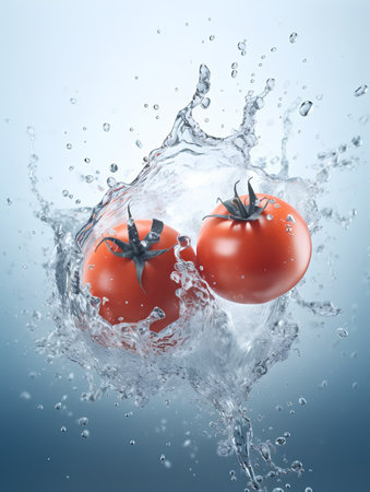 Fresh tomatoes in water splash, isolated on blue background. 3d illustrationの素材