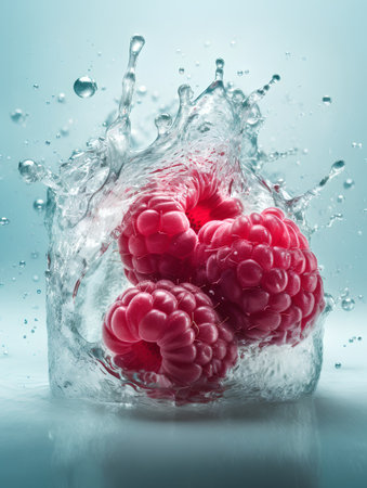 Raspberries in water splash on blue background. 3d illustrationの素材