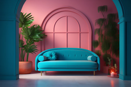 Living room interior with blue sofa and plants. 3D rendering.の素材