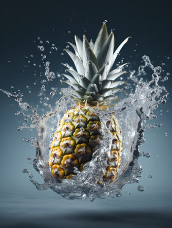 Pineapple with water splash on blue background. 3d illustrationの素材