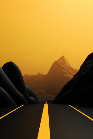 Road in the mountains with yellow light. 3d rendering. Computer digital drawing.の素材