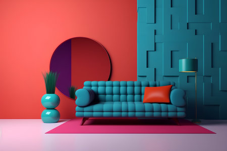 Interior of the living room with a blue sofa, a mirror and a lamp. 3d renderingの素材