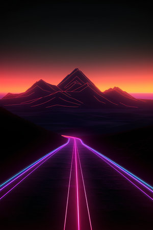 Futuristic road with neon lights and mountains. 3D renderingの素材