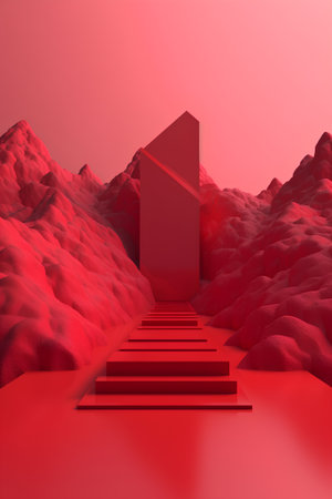 Red stairs leading to the top of the mountain. 3D renderingの素材