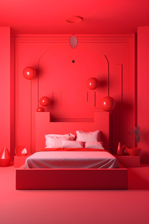 Interior of modern bedroom with red walls, concrete floor, comfortable king size bed with pink pillows and red lamp. 3d renderingの素材