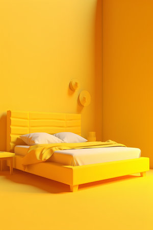 Yellow bedroom interior with double bed and yellow wall. 3d renderingの素材