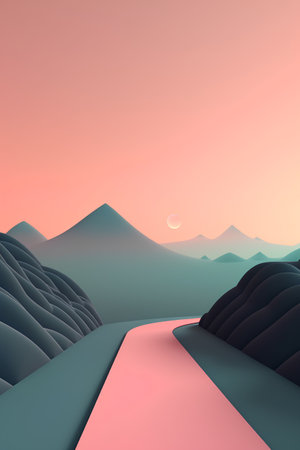 Landscape with road and mountains at sunset. 3d rendering.の素材