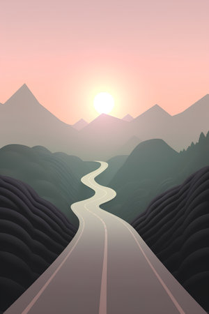 Road in the mountains at sunset. Vector illustration of a road through the mountains.の素材