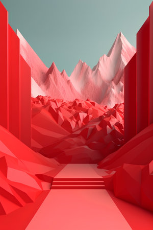 Abstract 3d rendering of minimalistic interior with red podium and mountainsの素材