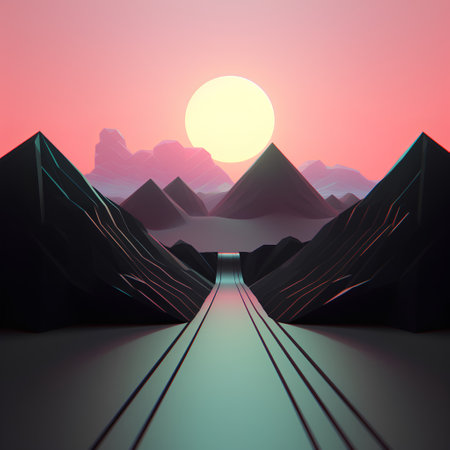 Futuristic landscape with mountains, road and sun. 3d renderingの素材