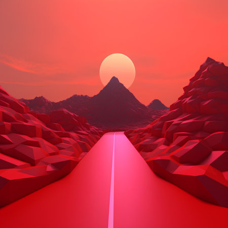 3d render of red landscape with road and mountain at sunset.の素材