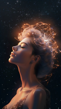 Beautiful woman with closed eyes and glowing hair. 3D renderingの素材