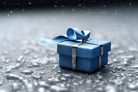 Gift box with blue ribbon on bokeh background with snowの素材