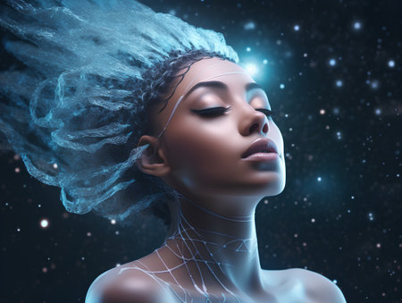 3d rendering of a beautiful young woman with futuristic hairstyle and makeupの素材