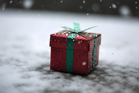 Gift box with water drops on snow background. Christmas or New Year concept.の素材