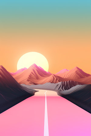 3D render of desert road at sunset. 3D illustration.の素材