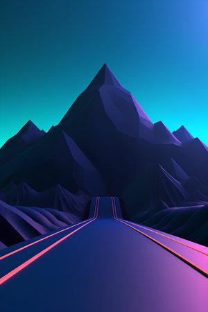 Mountain road with blue and pink neon light. 3d renderingの素材