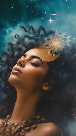 Portrait of a beautiful young African American woman with a golden snowflake in her hair.の素材