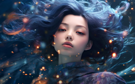 Fantasy portrait of a beautiful girl with blue hair. Beauty, fashion.の素材