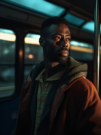 Handsome african american man looking away while standing in subway carの素材