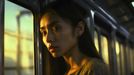 Beautiful asian woman looking out of train window. 3d renderingの素材