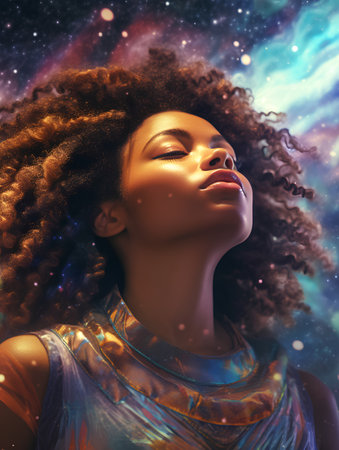 Beautiful african american woman with afro hairstyle and closed eyesの素材