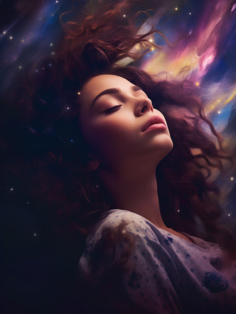 Beautiful young woman with long curly hair and closed eyes. Space background.の素材