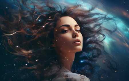 Portrait of beautiful young woman with long curly hair. Space background.の素材