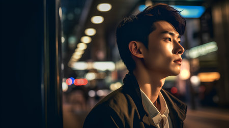 Portrait of a young Asian man in the city at night.の素材
