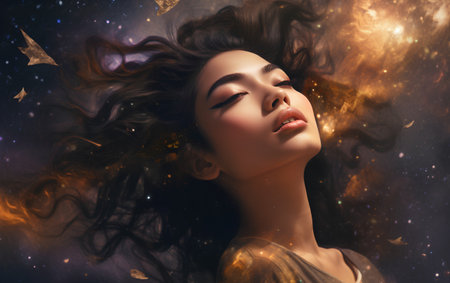 Beautiful young woman with flying hair in the night sky. Fantasy.の素材