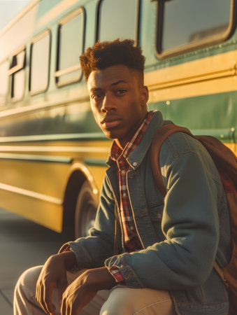 young african american man with backpack sitting near school bus at sunsetの素材