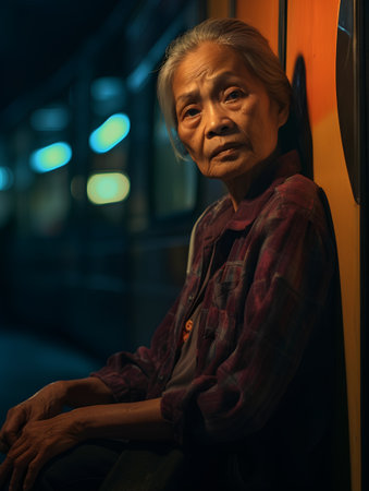 Portrait of an old Asian woman sitting in the bus at nightの素材