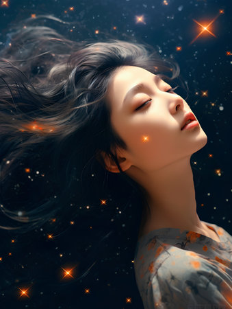 Portrait of a beautiful young woman with long hair and stars.の素材