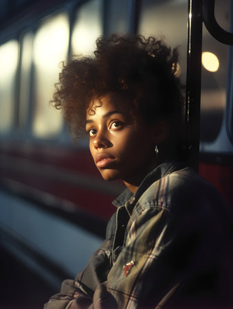 Portrait of a beautiful African American girl in a public transport.の素材