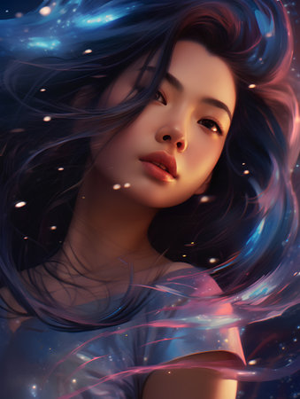 3d rendering of a beautiful girl with blue hair in the windの素材