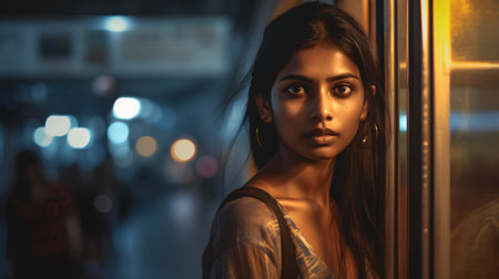 Portrait of a beautiful asian woman looking at camera while standing in the elevator.の素材