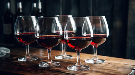 Wineglasses with red wine on a wooden table in restaurantの素材