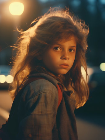 portrait of little girl in the city at night, backlightの素材
