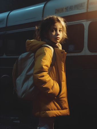 Portrait of a little girl in a yellow coat on the background of a school busの素材