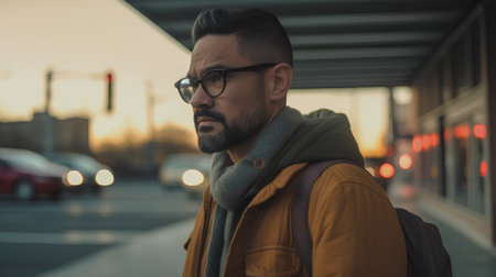 Portrait of a handsome young man with a beard and glasses in a yellow coat on the background of the city.の素材
