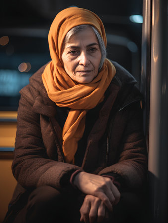 Portrait of an old woman sitting in a bus stop and looking at the camera.の素材