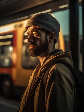 Portrait of a stylish bearded man in a warm coat and hat on the background of a train station.の素材